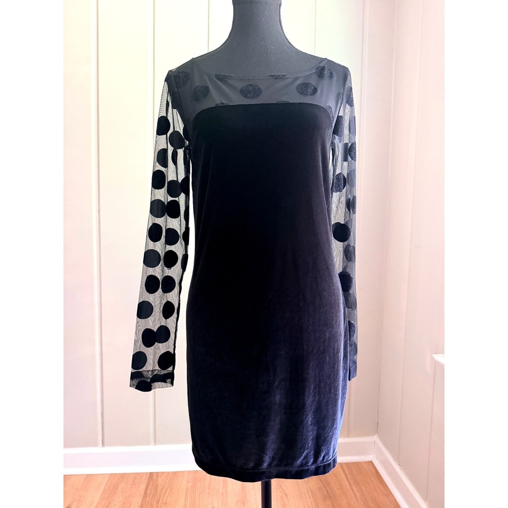 BCBGeneration Black Velvet Sheer Polka Dot Long Sleeve Mini Dress XS